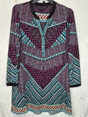 Hale Bob Geometric Chevron V-Neck Shift Dress Purple Pink Teal Blue Large